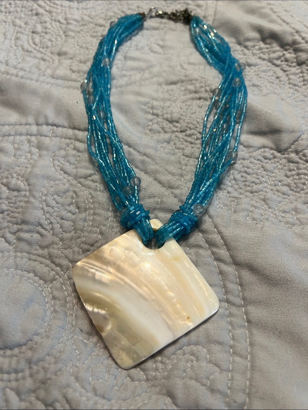 Blue Beaded Necklace with Mother-of-Pearl Pendant - Women Jewelry